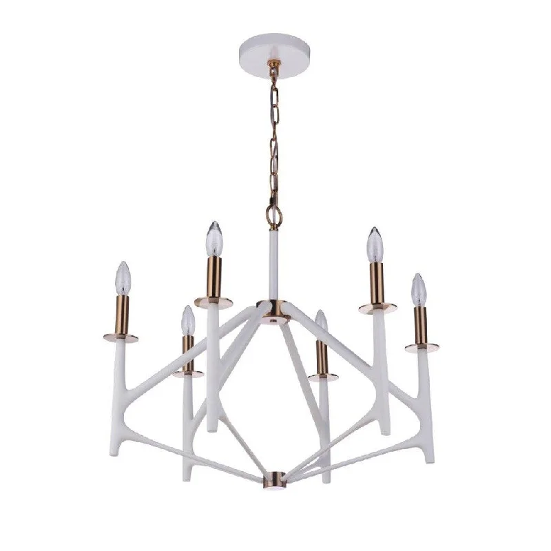 Industrial Task Lighting for Precision WorkstationsThe Reserve 6 Light Chandelier in Matte White/Satin Brass Industrial Task Lighting for Precision WorkstationsThe Reserve 6 Light Chandelier in Matte White/Satin Brass