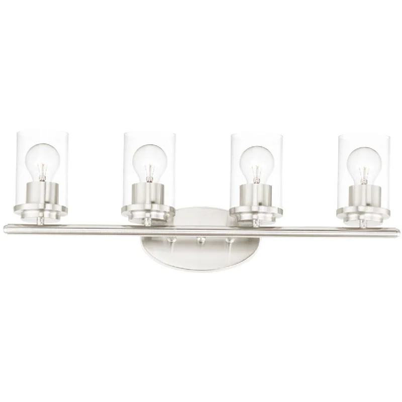Durable Industrial Lighting for Harsh EnvironmentsCorona 26 In. 4 Lights Vanity Light Satin Nickel finish with clear glass Durable Industrial Lighting for Harsh EnvironmentsCorona 26 In. 4 Lights Vanity Light Satin Nickel finish with clear glass