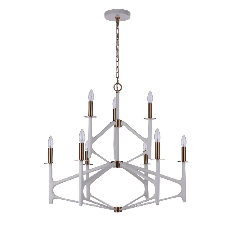 Low - Bay Industrial Lighting Fixtures for Small FactoriesThe Reserve 9 Light 2-Tier Chandelier in Matte White/Satin Brass Low - Bay Industrial Lighting Fixtures for Small FactoriesThe Reserve 9 Light 2-Tier Chandelier in Matte White/Satin Brass