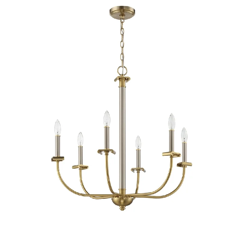 Industrial Exit Sign Lighting for Quick EvacuationStanza 6 Light Chandelier in Brushed Polished Nickel/Satin Brass Industrial Exit Sign Lighting for Quick EvacuationStanza 6 Light Chandelier in Brushed Polished Nickel/Satin Brass