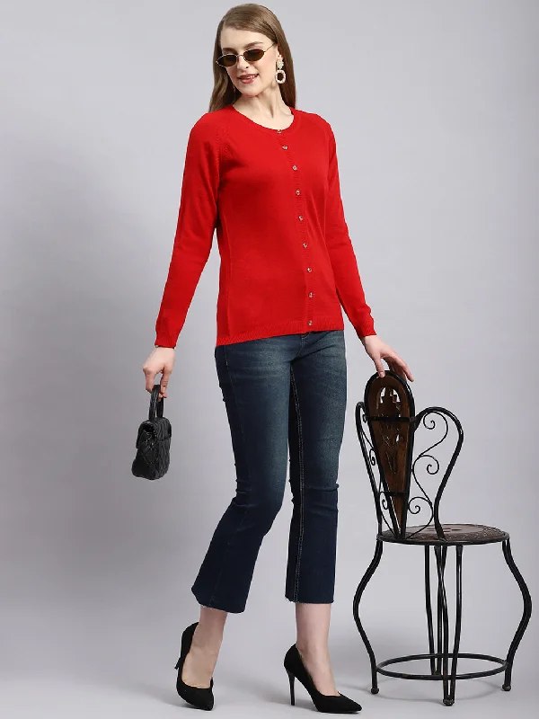 Women Red Solid Cardigan