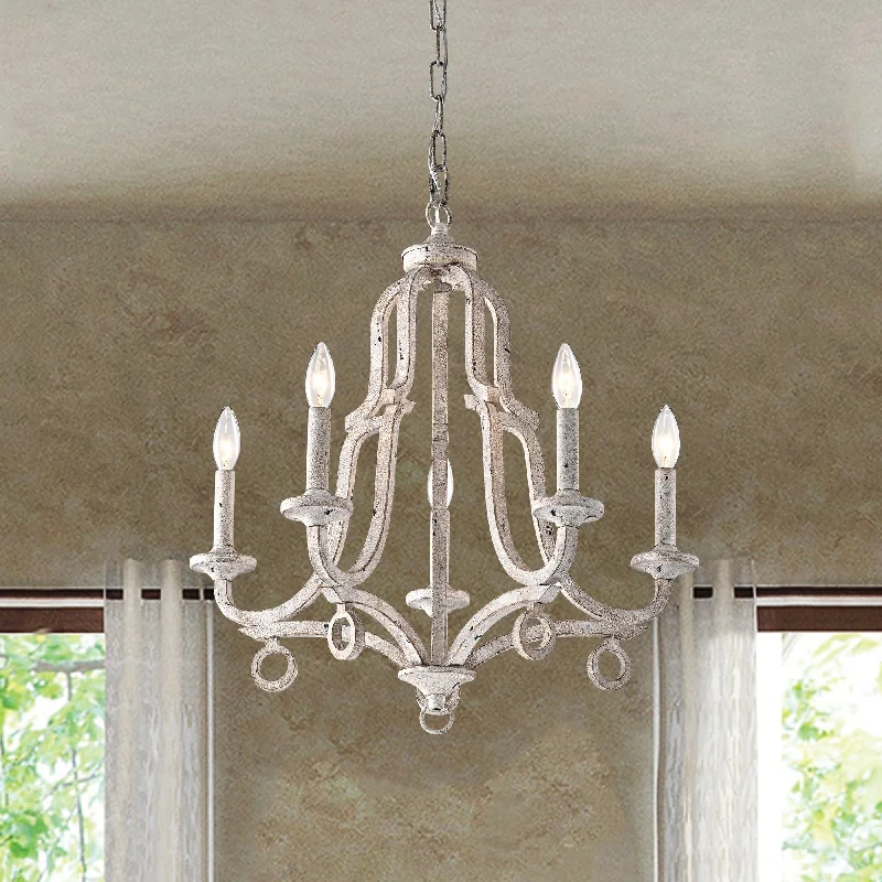 Chandeliers with Metal Frames in Black FinishChandeliers with Metal Frames in Black FinishAntique White 5-Light Farmhouse Distressed Chandelier