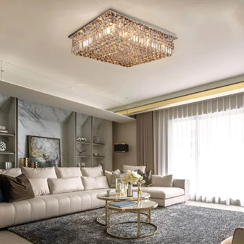 Chandeliers with Metal Frames in Gold FinishChandeliers with Metal Frames in Gold FinishRectangular Raindrop Crystal Living Room Chandelier Ceiling Lights