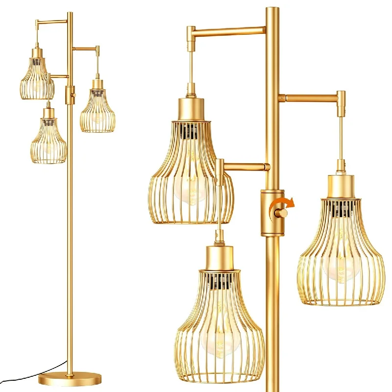 Bohemian Inspired Floor Lamp for Eclectic Home DecorBohemian Inspired Floor Lamp for Eclectic Home DecorDimmable Floor Lamp with Cage Shade - 70", Gold, 3 LED Bulbs, Dimmer Switch, Easy Assembly - Gold