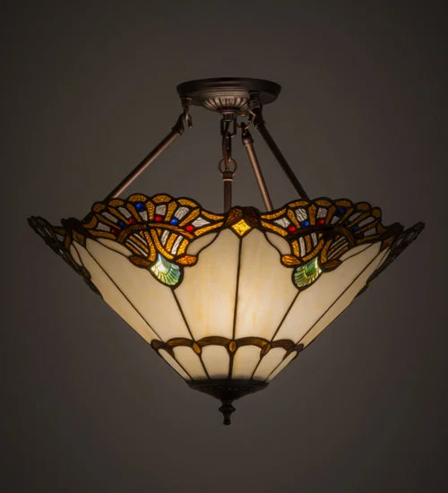 Moroccan Ceiling Lights with Colorful Stained Glass and Geometric CarvingsMoroccan Ceiling Lights with Colorful Stained Glass and Geometric CarvingsMeyda Lighting 167056 20" Wide Tiffany Shell With Jewels Inverted Pendant