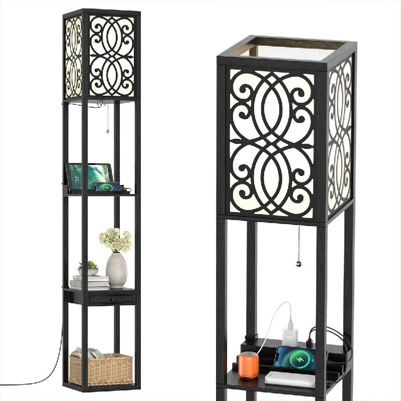 Bohemian Inspired Floor Lamp for Eclectic Home DecorBohemian Inspired Floor Lamp for Eclectic Home DecorModern Standing Shelf Floor Lamp w/ 1 Power Outlet and 2 USB Ports for Living Room - Black Bohemian Inspired Floor Lamp for Eclectic Home DecorBohemian Inspired Floor Lamp for Eclectic Home DecorModern Standing Shelf Floor Lamp w/ 1 Power Outlet and 2 USB Ports for Living Room - Black