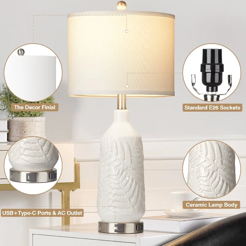 modern minimalist table lamps for contemporary living roomsmodern minimalist table lamps for contemporary living roomsTable Lamps Ceramic White Special Texture Pattern 3-Way Touch Switch USB Type-C Charging Ports AC Outlet (Set of 2)